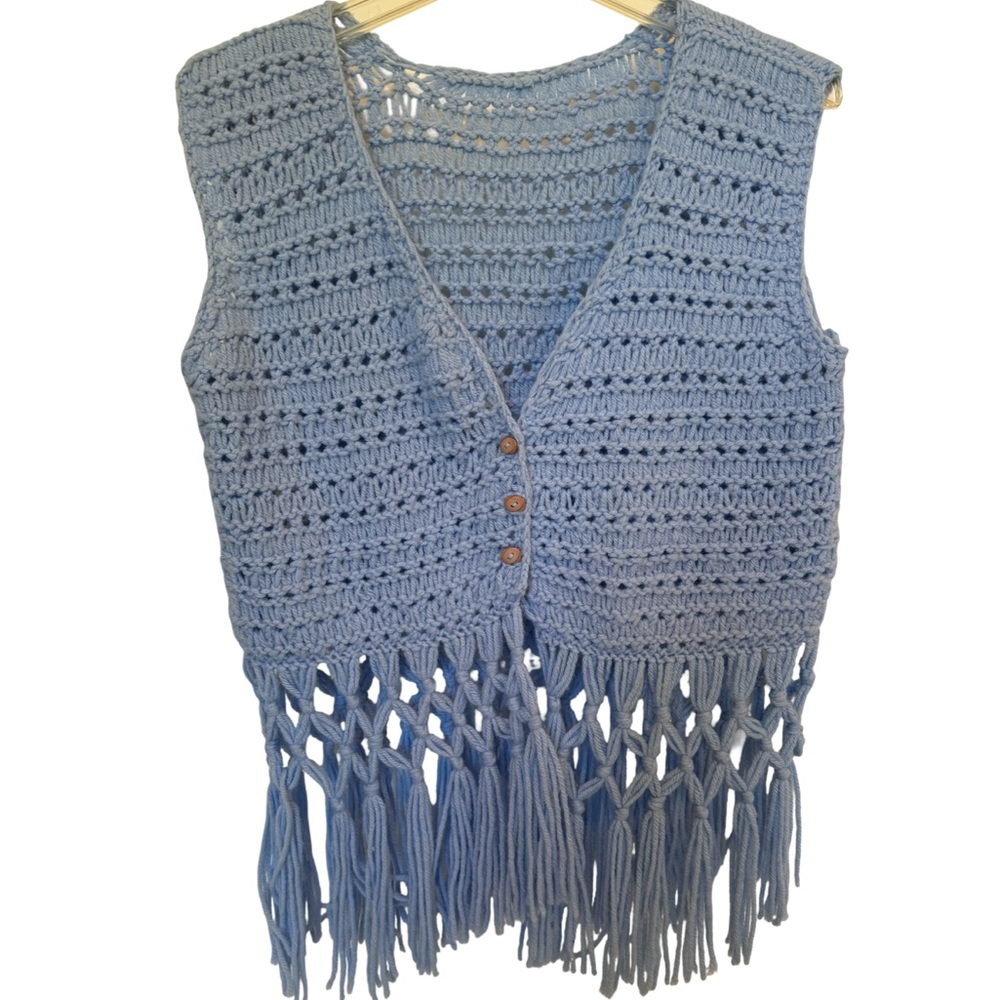 Handmade Vintage Blue Crochet Fringe Vest